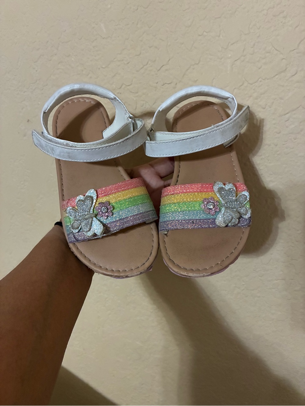 Girls White Sandals with Rainbow Glitter Strap and Flower Accent